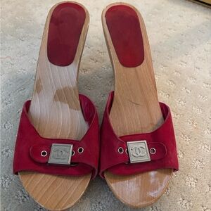 CHANEL Red Suede Slide Mules with Wood Heel